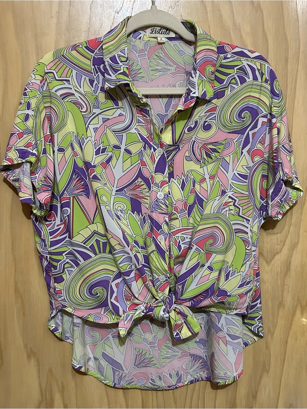 Listicle Pink Purple Green Abstract Tie-Front Button Down Top